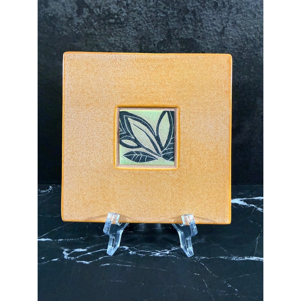 Vintage TS Post Pottery Orange Leaf Ceramic Tile Trivet Cork Backed 6in Signed